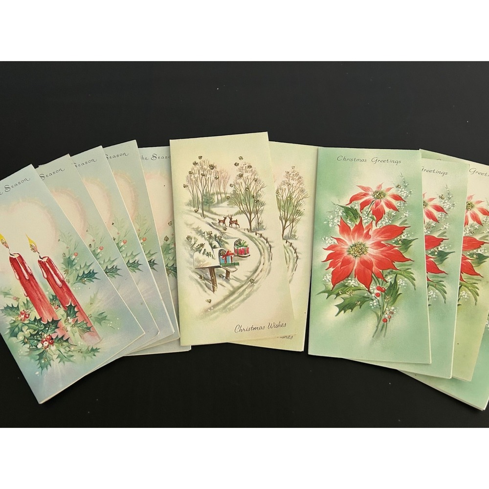 Christmas Cards Glitter Bulk Lot  Vintage Glitter Poinsettia Candle Winter Scene